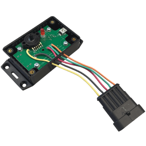 992 A populated PCB fitted inside a plastic case, with wires through the case to an external connector