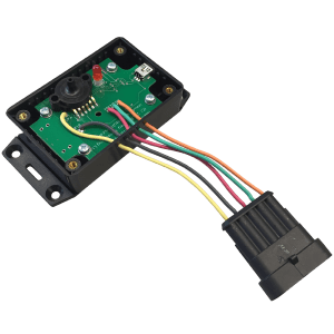 A populated PCB fitted inside a plastic case, with wires through the case to an external connector